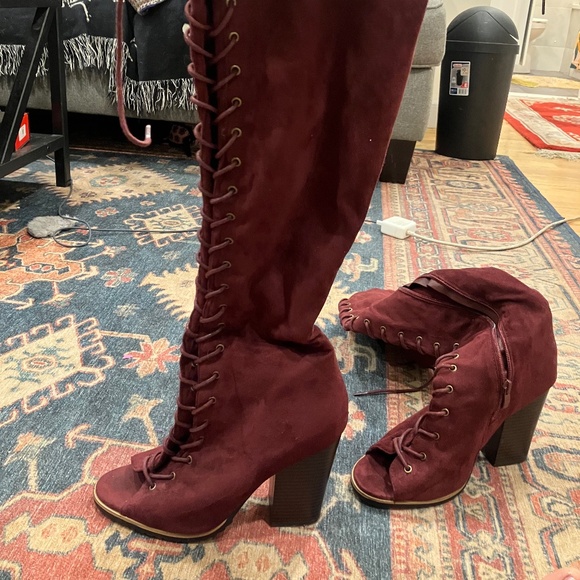 Mark & Maddux Burgundy Over-The-Knee Peep Toe Boots - Picture 1 of 6